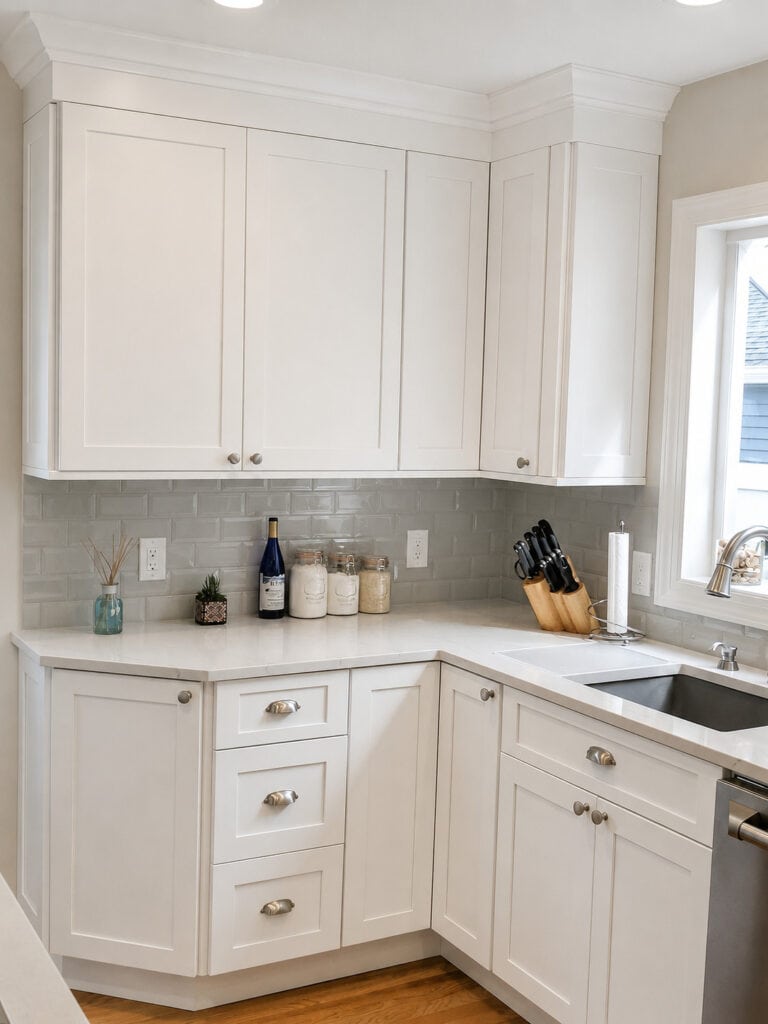 Compact white shaker kitchen with satin nickel hardware, a grey subway tile backsplash, and light countertops.
