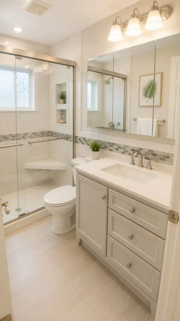 Accessible walk-in shower with a built-in corner seat, a grab bar, and a sliding glass door beside a light vanity with a glass mosaic accent tile.