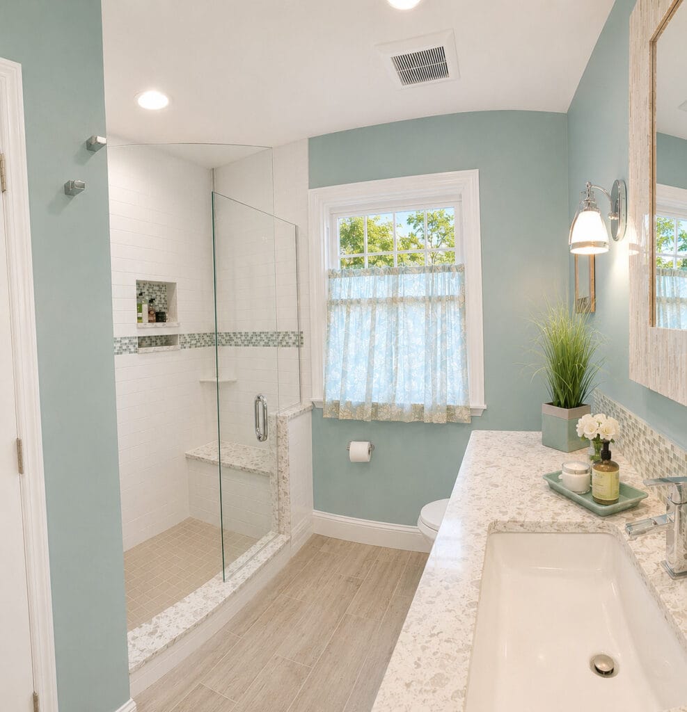 Walk-in shower with custom frameless glass, a swing door, a built-in bench, white subway tile, and a glass mosaic accent band.