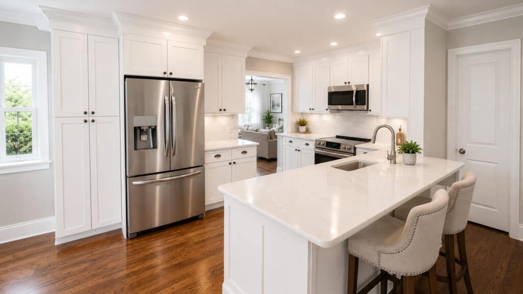 Open-concept white shaker kitchen with a quartz peninsula and seating, a marble subway tile backsplash, and stainless appliances, opening to a living area.