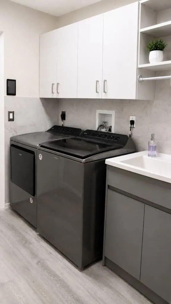 Lake Worth laundry room with a grey top-load washer and dryer, white upper cabinets, a large-format tile backsplash, and a utility sink.