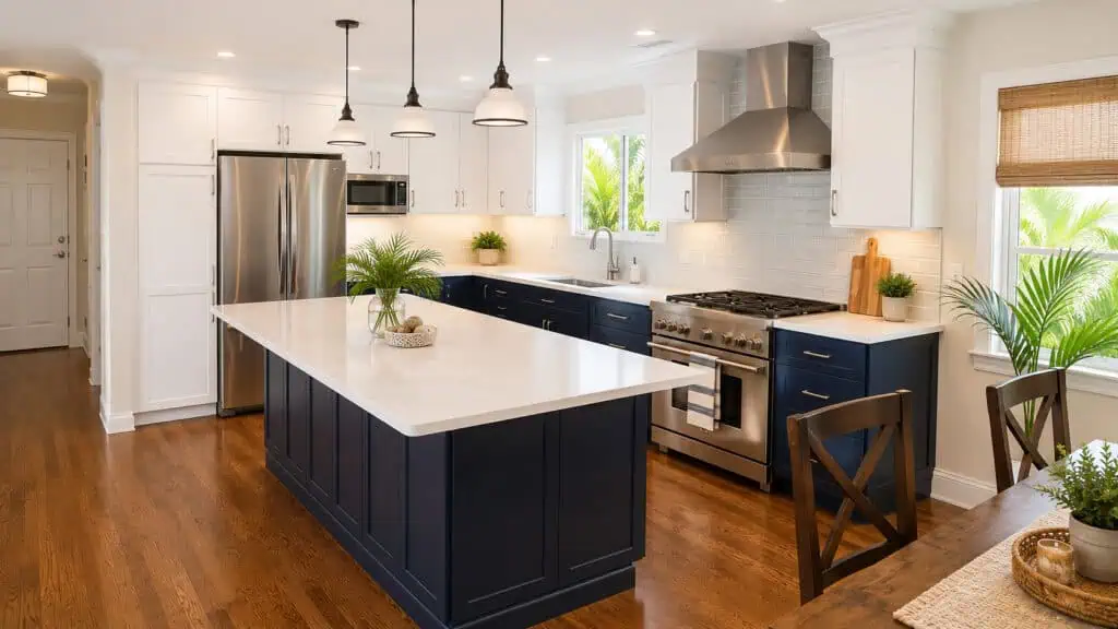 Open-concept two-tone kitchen with white upper cabinets, navy lower cabinets and island, white quartz counters, and hardwood floors.