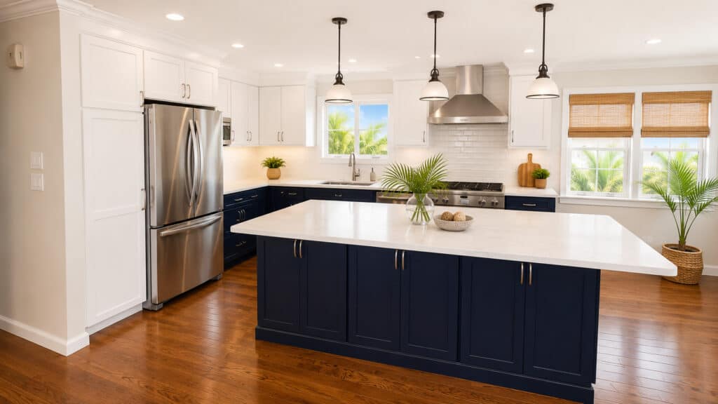 Contemporary two-tone kitchen with a navy island, white quartz counters, a white subway tile backsplash, and stainless appliances.