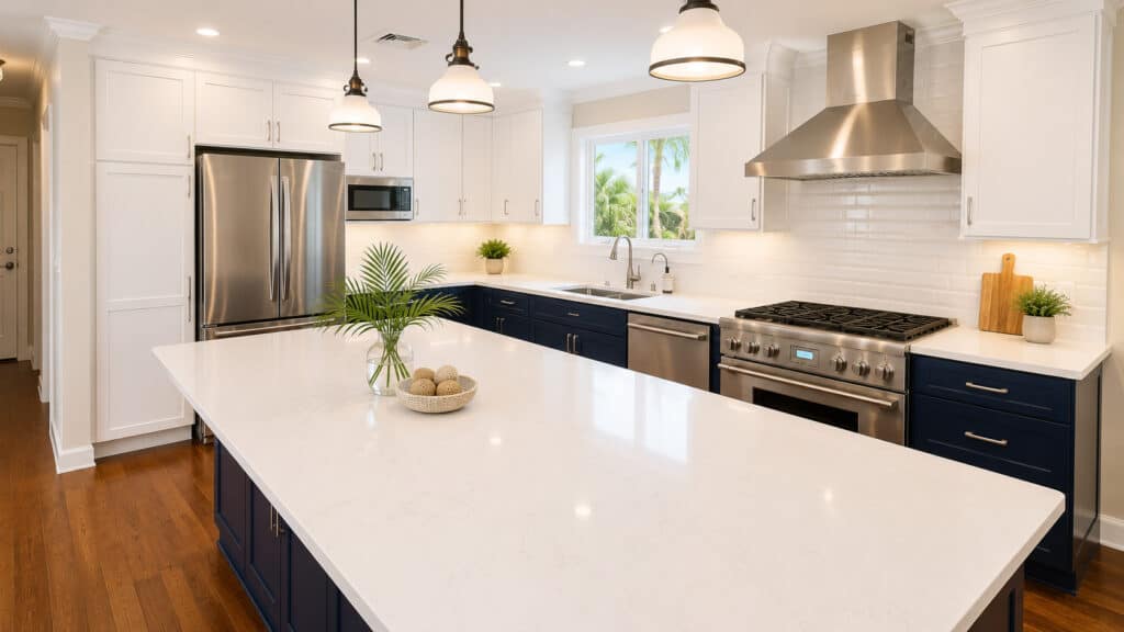 Two-tone contemporary kitchen with a navy island, white quartz counters, a subway tile backsplash, and a stainless range with a chimney hood.