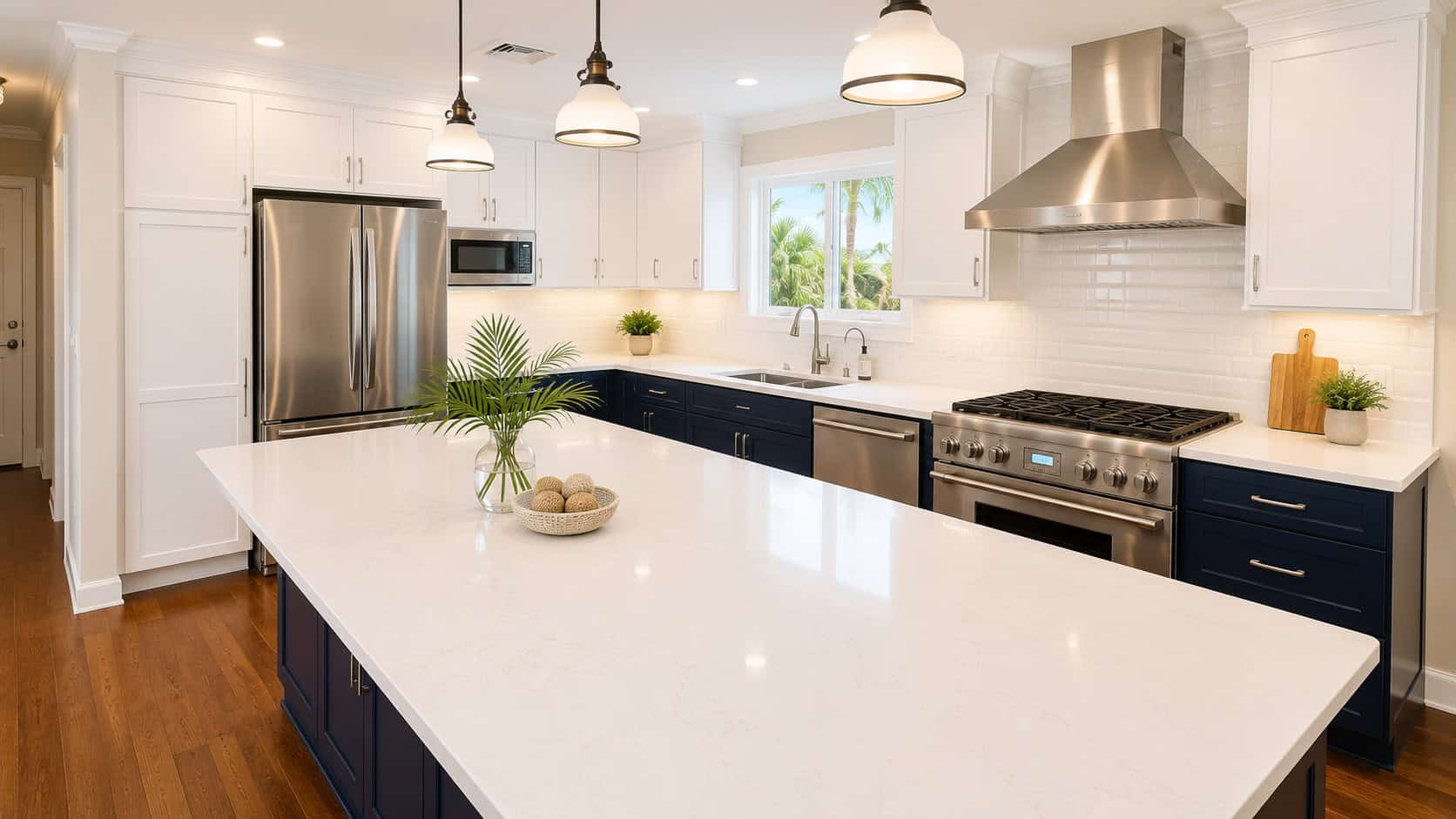 Two-tone contemporary kitchen with a navy island, white quartz counters, a subway tile backsplash, and a stainless range with a chimney hood.