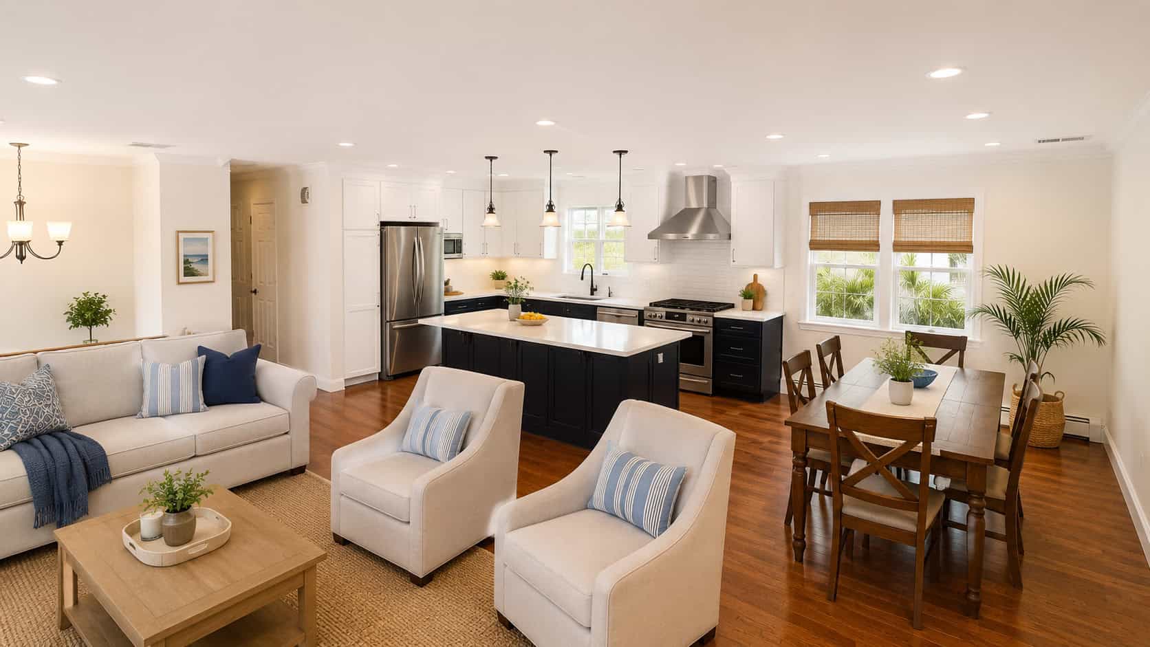 Open floor plan with a two-tone navy-and-white kitchen opening to a living room and dining area over hardwood floors.