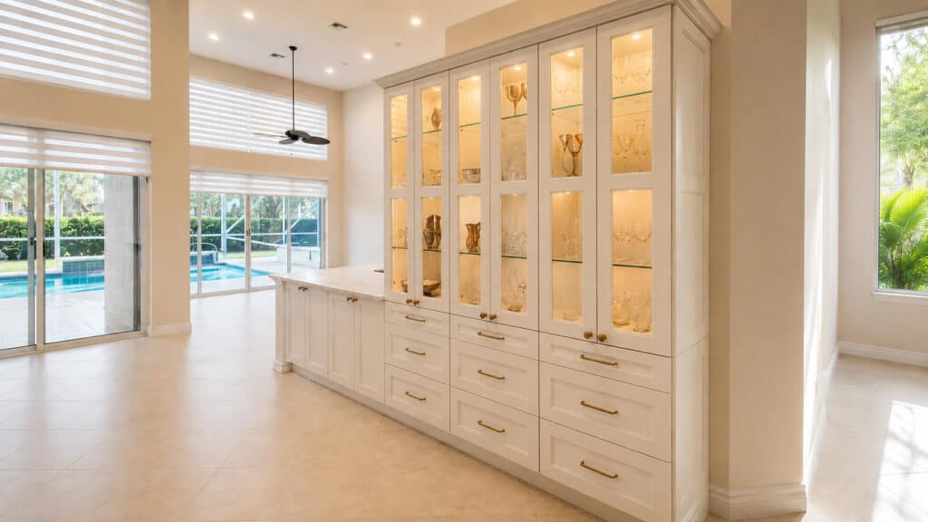 Palm Beach Gardens BallenIsles kitchen with a floor-to-ceiling lit glass display hutch and a quartzite peninsula overlooking a screened pool.
