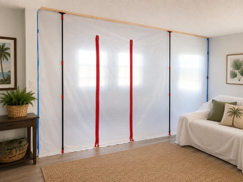 A pole-mounted plastic dust barrier with zippered access sealing off a living room wall during a home remodel.