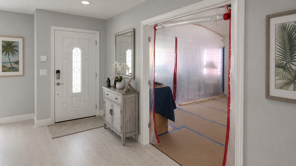 A home entryway with a doorway sealed by a zippered plastic barrier and kraft-paper floor protection during a remodel.