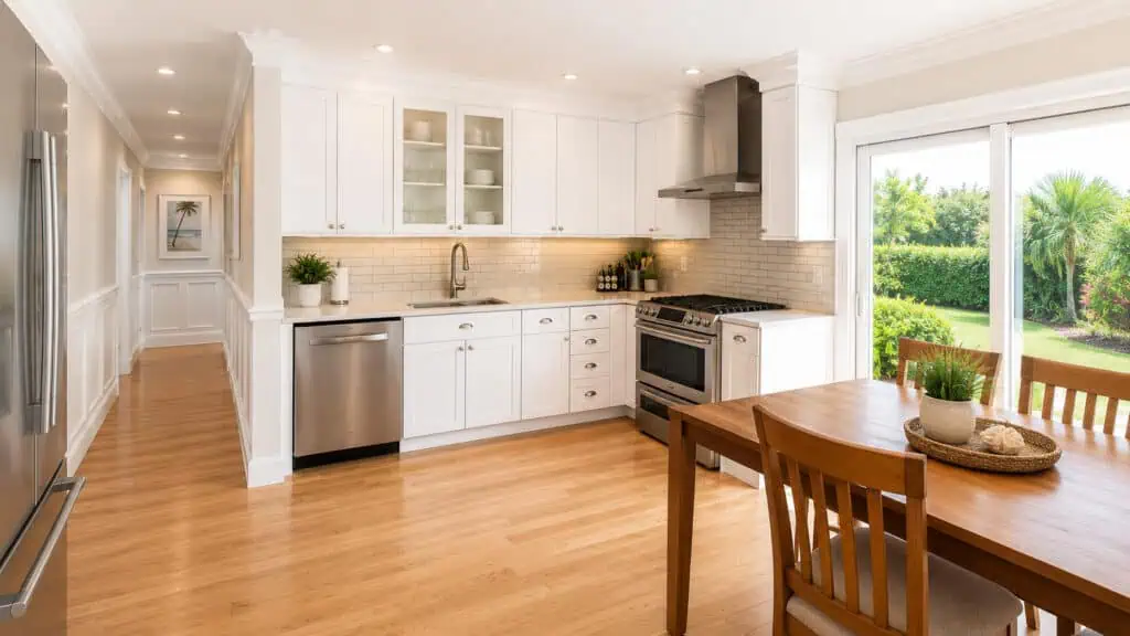 Transitional coastal kitchen with white shaker cabinets, quartz counters, a subway tile backsplash, stainless appliances, and bamboo floors.