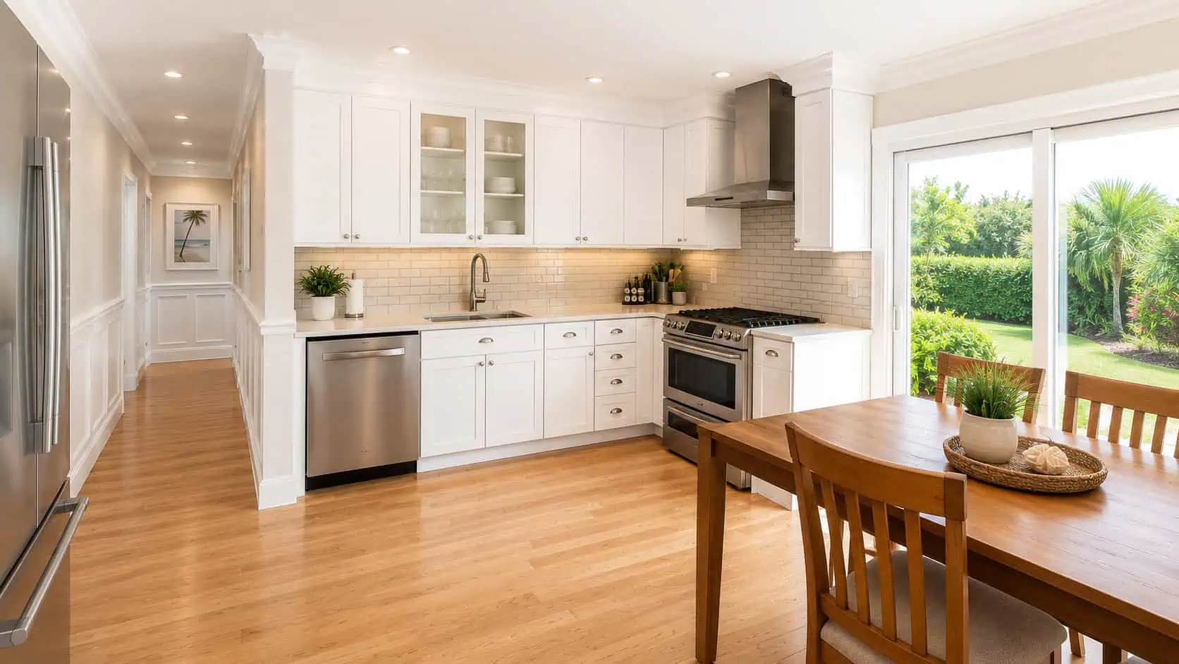 Transitional coastal kitchen with white shaker cabinets, quartz counters, a subway tile backsplash, stainless appliances, and bamboo floors.