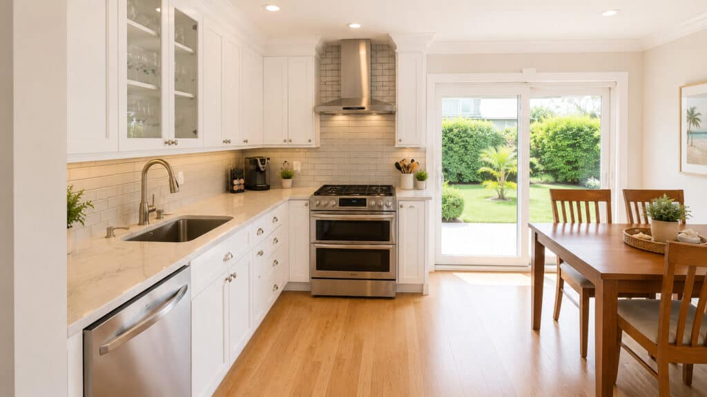 Transitional coastal kitchen with a gas range, chimney hood, subway backsplash, quartz counters, and sliding doors to the backyard.