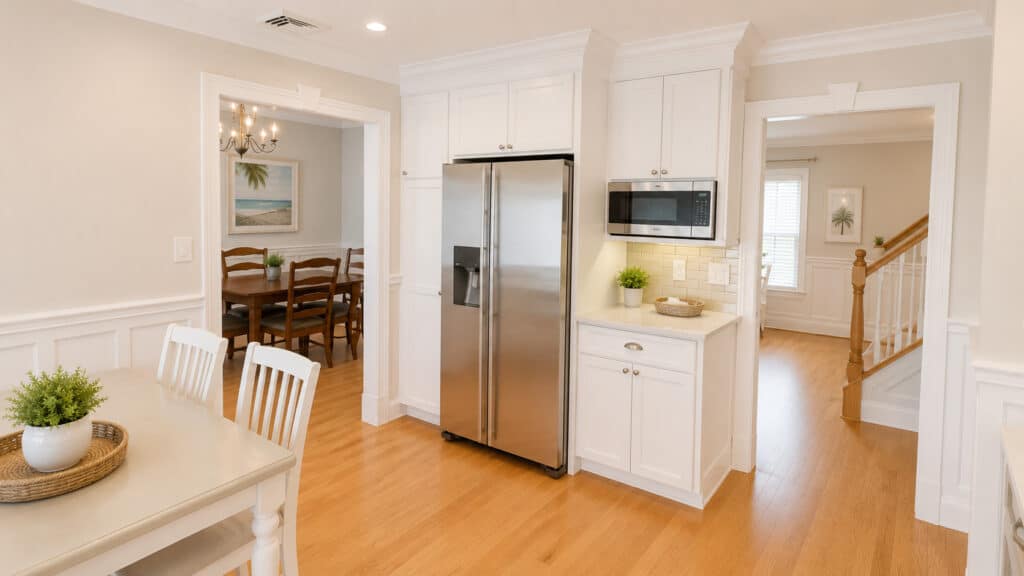 Transitional coastal kitchen opening to a dining room and staircase, with white cabinets, stainless appliances, and bamboo floors.