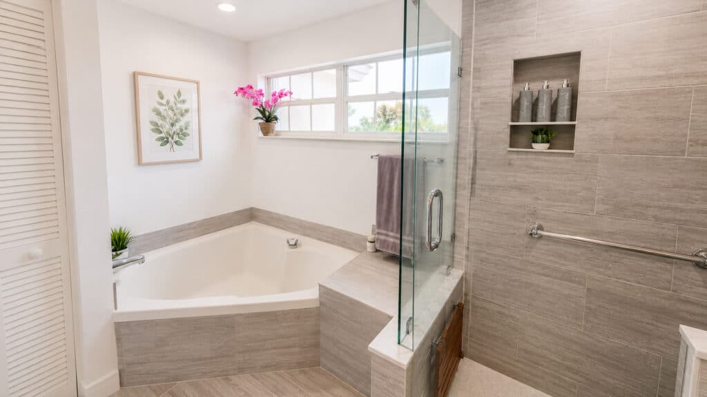 Wellington primary bathroom with a glass walk-in shower, grey wood-look tile, teal glass vessel sinks on a dark stone vanity, and a soaking tub.