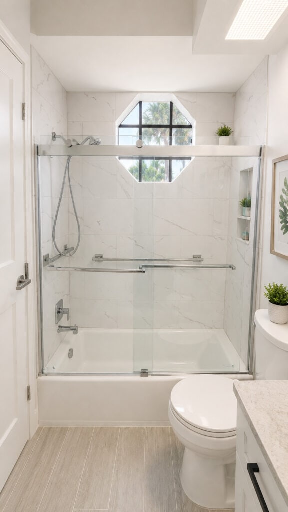 West Palm Beach Breakers West bathroom with a marble-look tub and shower, a sliding glass door, an octagon window, and chrome fixtures.
