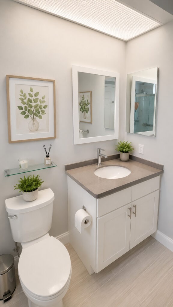 West Palm Beach Breakers West bathroom with a white vanity, grey quartz top, framed mirrors, and a wood-look tile floor.