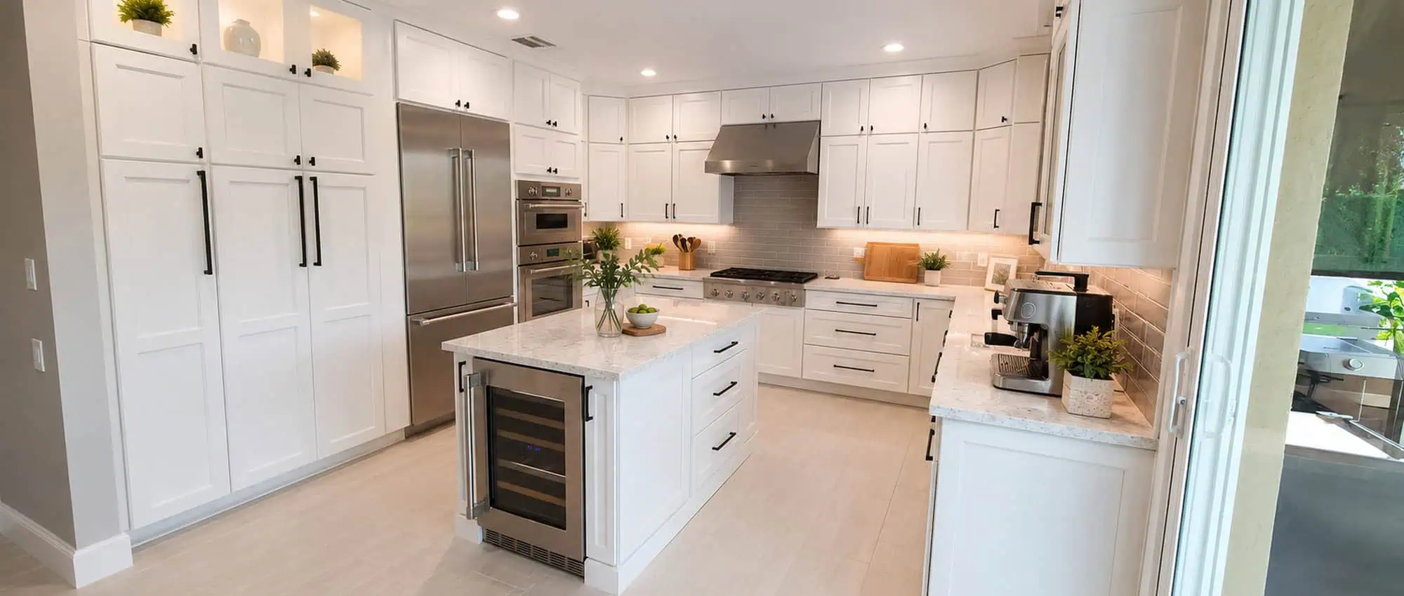 Jupiter kitchen remodel with full-height white cabinets, a center island with built-in wine refrigerator and a professional gas range