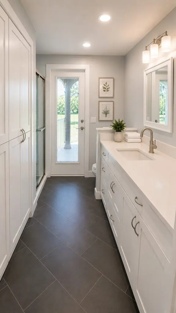 Lake Worth cabana bath and laundry with floor-to-ceiling white storage cabinetry, a glass-enclosed shower, a long quartz vanity with brushed nickel fixtures, and large-format grey tile flooring.