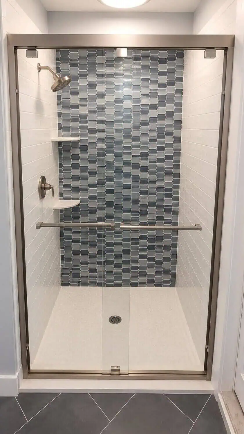 Lake Worth cabana bath with white cabinetry, a quartz vanity, tile flooring, and an exterior door to the patio.