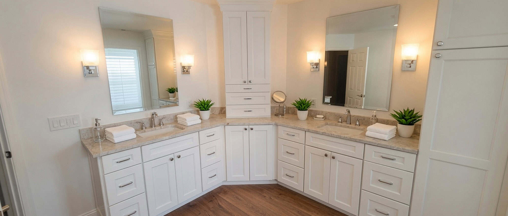 Palm Beach Gardens PGA primary bathroom remodel with an L-shaped white double vanity, a corner linen tower, twin mirrors and wall sconces