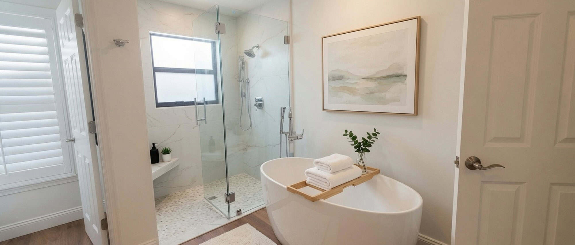 Palm Beach Gardens PGA primary bathroom remodel with a freestanding soaking tub beside a frameless glass shower tiled in large-format marble-look tile with a pebble-mosaic floor