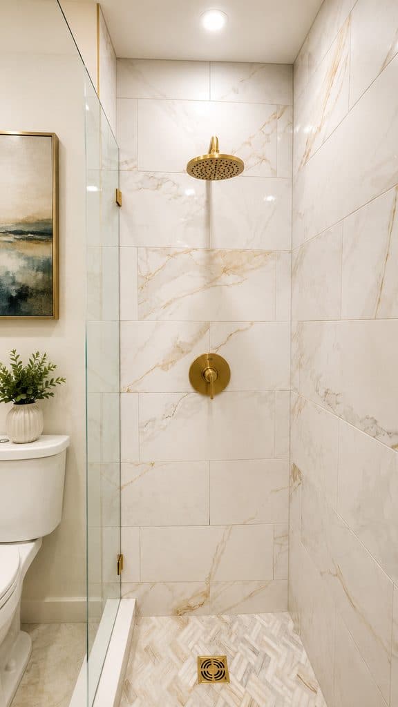 West Palm Beach walk-in shower with large-format marble-look tile, a brushed brass rain shower head and valve, a herringbone mosaic shower floor, and a frameless glass panel.